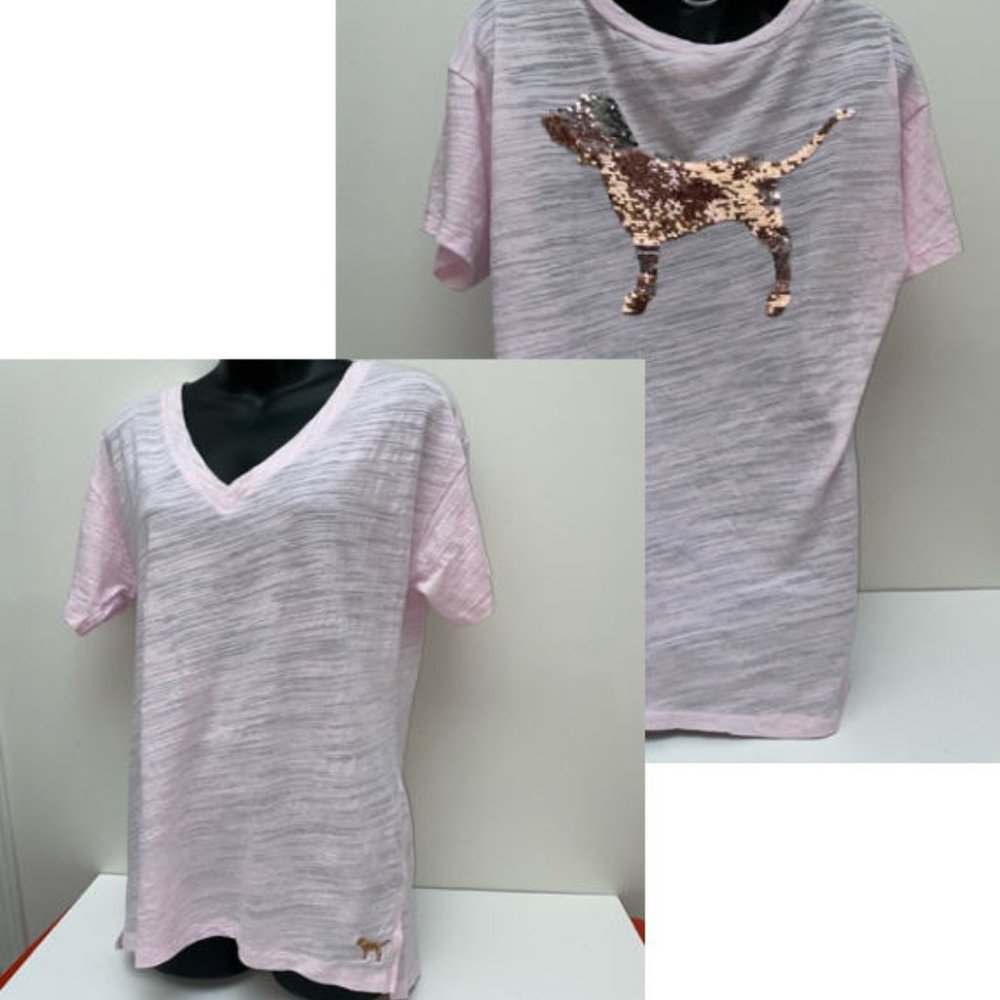 VS PINK Pink V-Neck Tee with Flippy Sequins Dog Logo